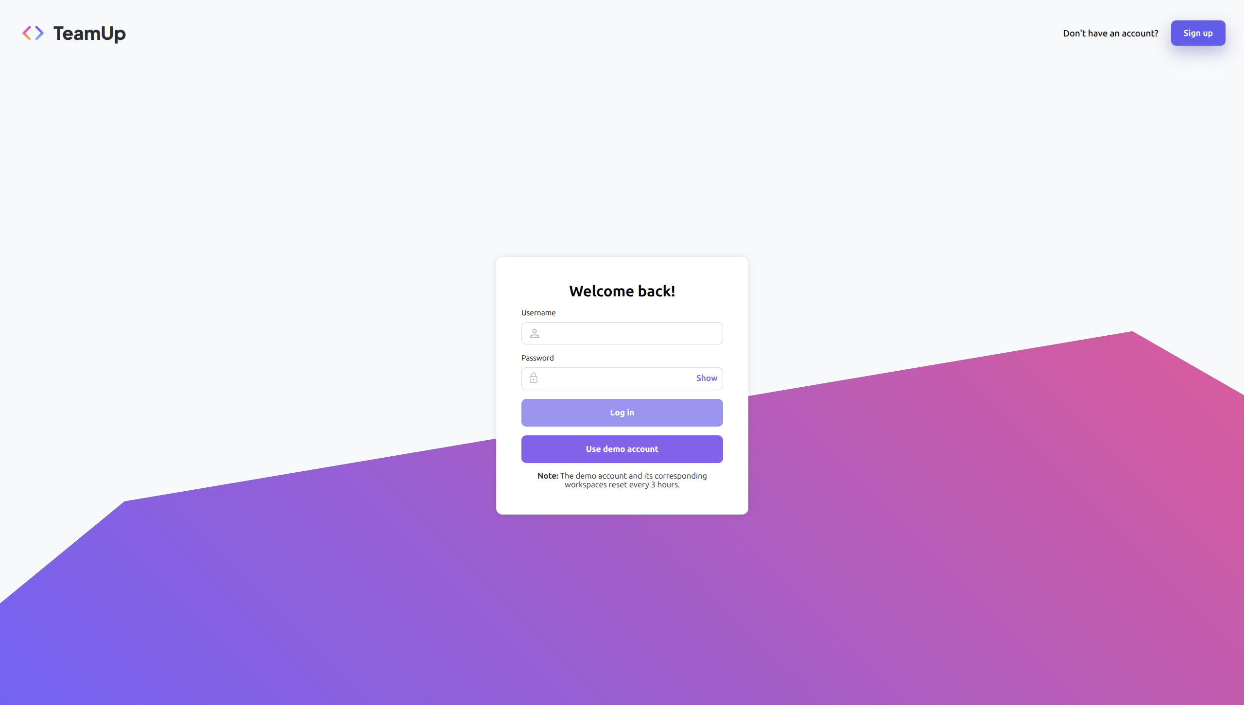 Página de inicio de sesión de TeamUp con opciones de cuenta de prueba y creación rápida de usuario.